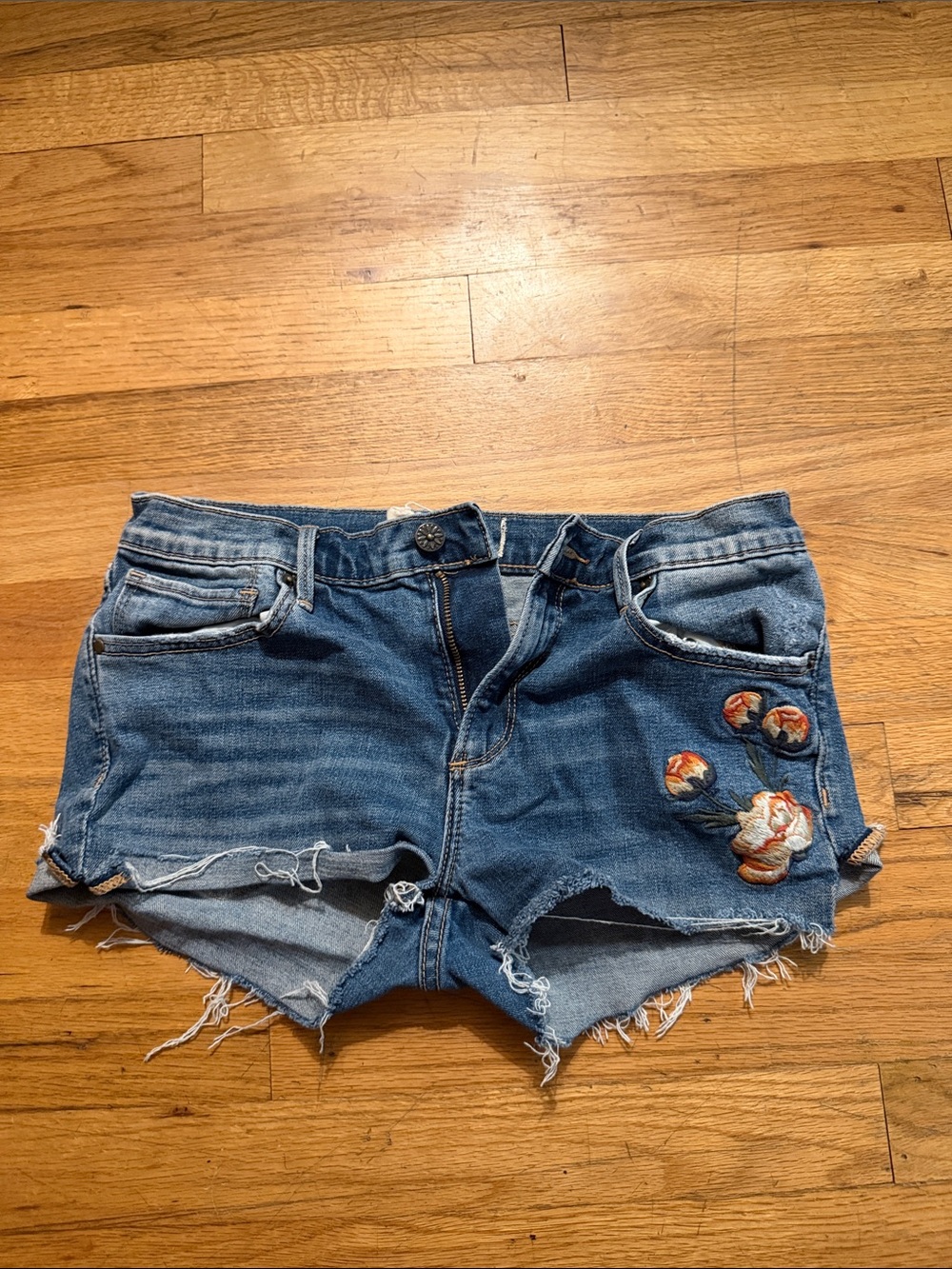 DRIFTWOOD Blue Denim Cutoff Shorts with Floral Embroidery